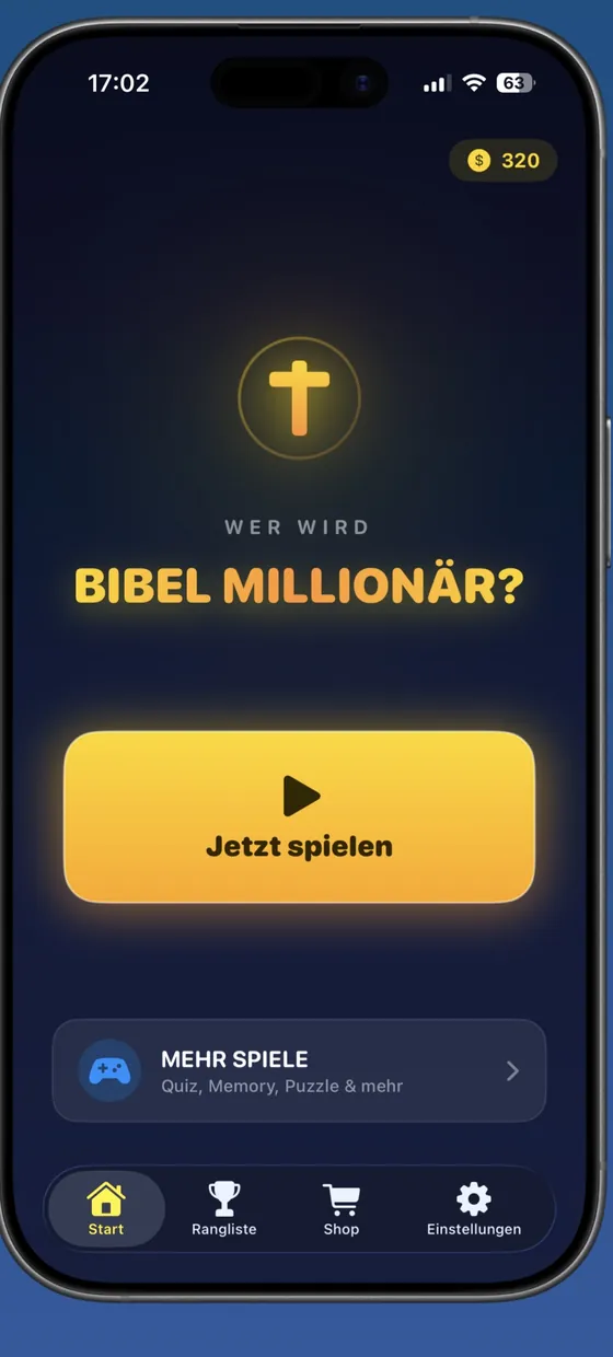 Startbildschirm von Bibel Millionär mit der Schaltfläche „Jetzt spielen"