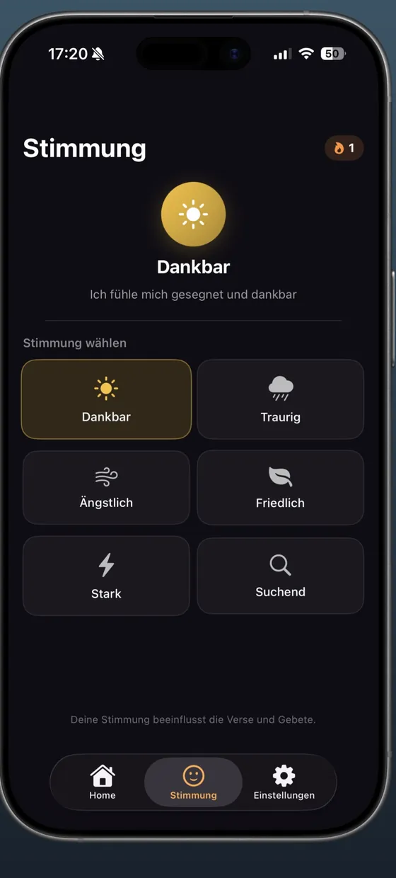Auswahl der Stimmung, zum Beispiel dankbar oder friedlich